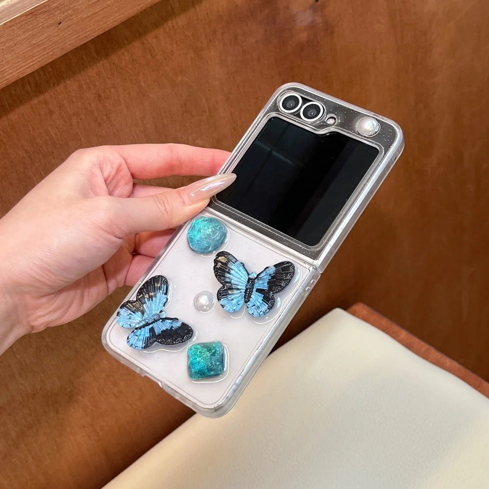 Black Blue Butterfly Glitter Transparent Case for Samsung Galaxy Z Flip 8 7 6 5 flip 7FE zflip8 Resin Dripping Pearl Clear Cover