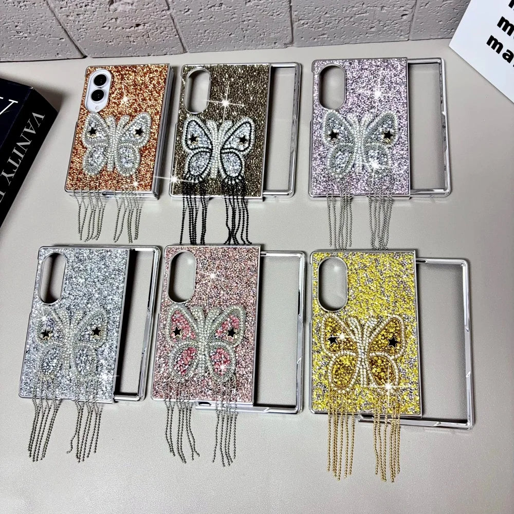 Electroplating Large Diamond Butterfly Tassel Phone Case for Samsung Z Fold 8 Ultra Z Fold 7 6 5 4 Z Flip 8 7 6 5 4 Wide Cover