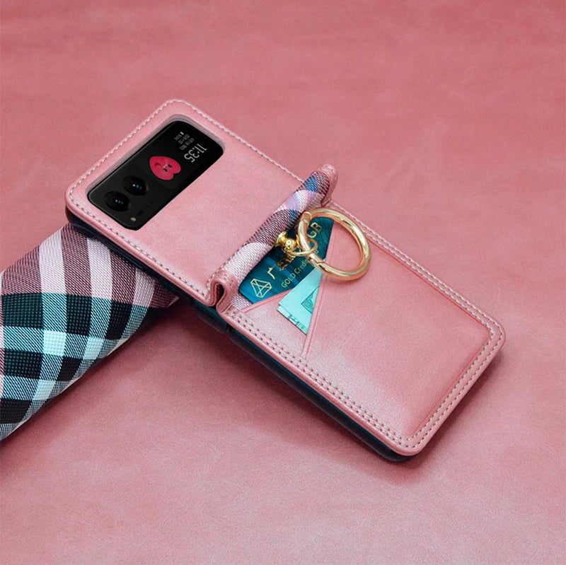 Case For Motorola Razr 40 Ultra 50 Ultra Razr Plus Card Wallet Finger Ring Grid Contrasting Color PU Leather Phone Case Cover