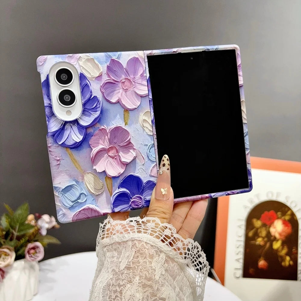 INS Relief Colorful Oil Painting Flower Lanyard All-inclusive Case For Samsung Galaxy Z Fold 8 Ultra Fold 7 Wrist Strap PC Cover