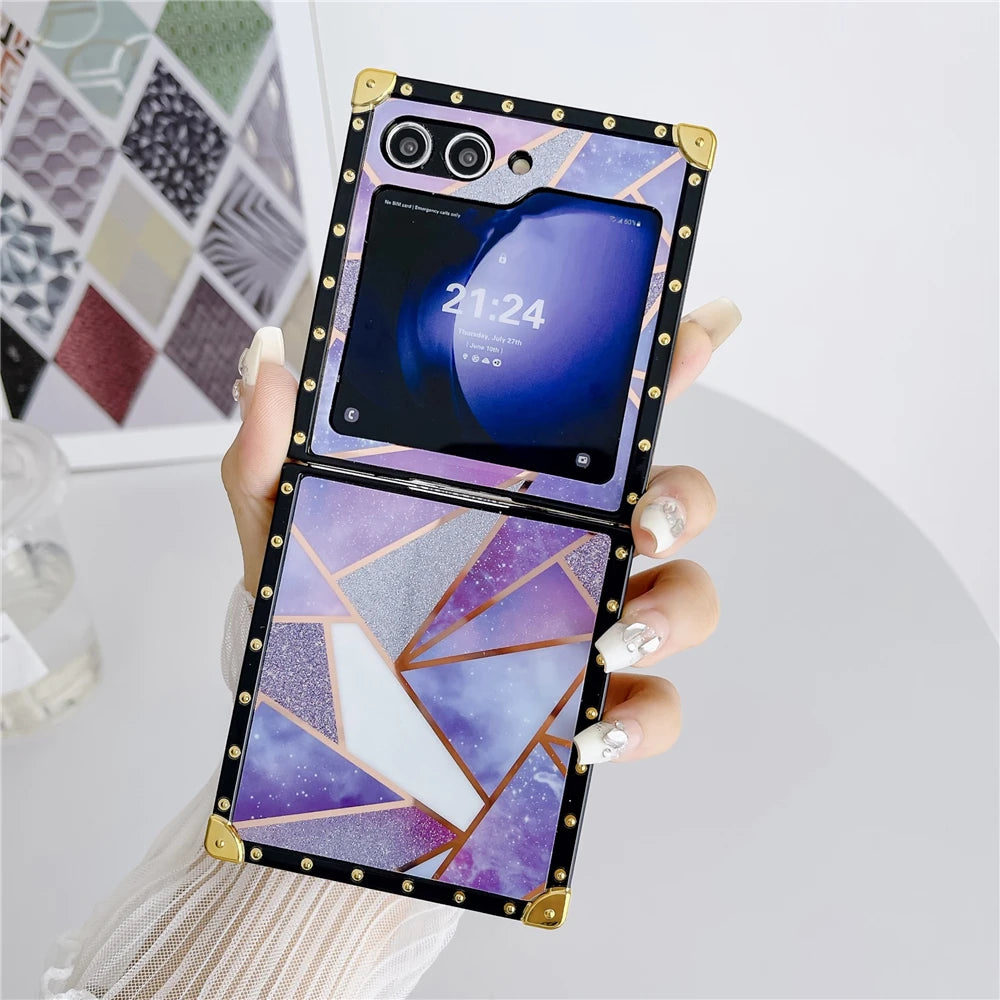 Luxury Glitter Shockproof Geometric Pattern Retro Women Phone Case for Samsung Galaxy Z Flip 7 Flip 6 Z Flip 5 Flip 4 Flip 3
