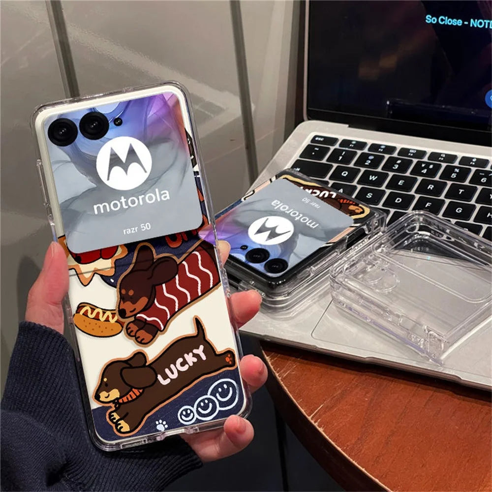 For Motorola Razr 2025 Plus 2024 2023 Razr 60 50 40 Ultra Dachshund Dog Pattern Transparent Hard Folding Phone Case Cover