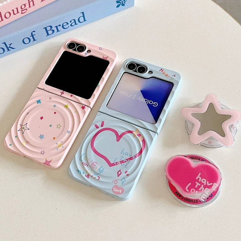 Korean Cute Star Wave Case For Samsung Galaxy Z Flip 5 6 5G Flip6 Flip5 2-piece set With Bracelet Love Heart Holder  Back Cover