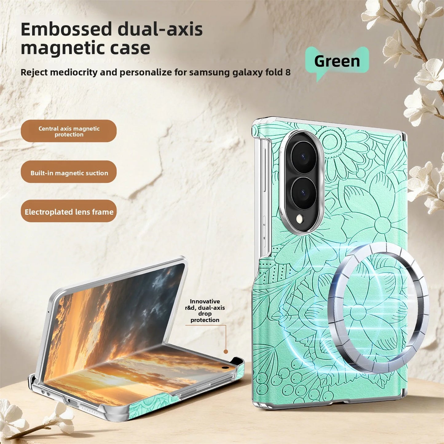 ‌Fashionable Magnetic Embossed Leather Case for Samsung Z Fold 8 Wide Shockproof for Magsafe Central Axis Protection‌ Slim Cover