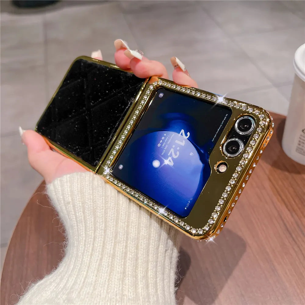 Luxury Bling Diamond Leather Plating Case For Samsung Galaxy Z Flip 6 Flip 5 Flip 3 4 Shockproof Cover Funda