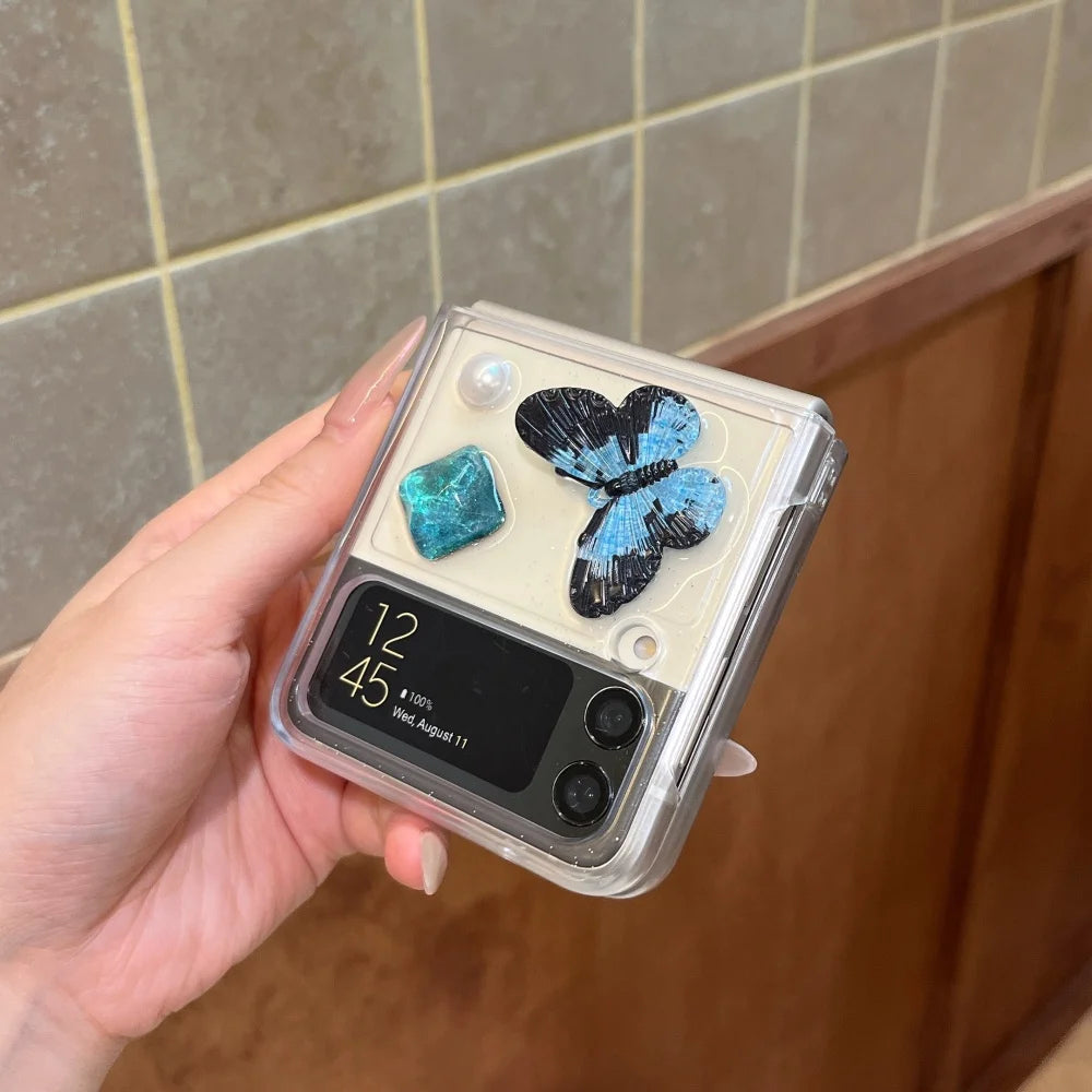 Black Blue Butterfly Glitter Transparent Case for Samsung Galaxy Z Flip 8 7 6 5 flip 7FE zflip8 Resin Dripping Pearl Clear Cover