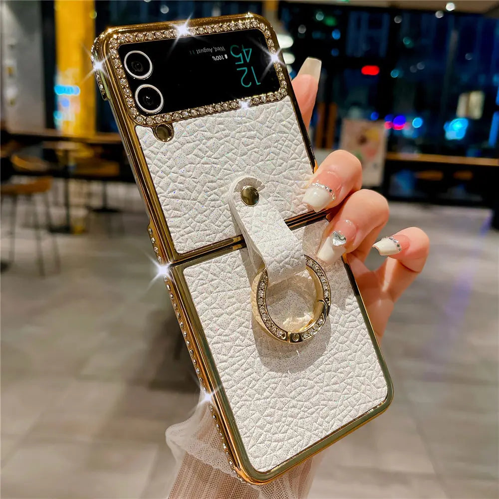 Ring Holder PU Leather Plating Case For Samsung Galaxy Z Flip 6 Flip 5 Flip 4 Zflip 3 Bling Diamond Shockproof Cover