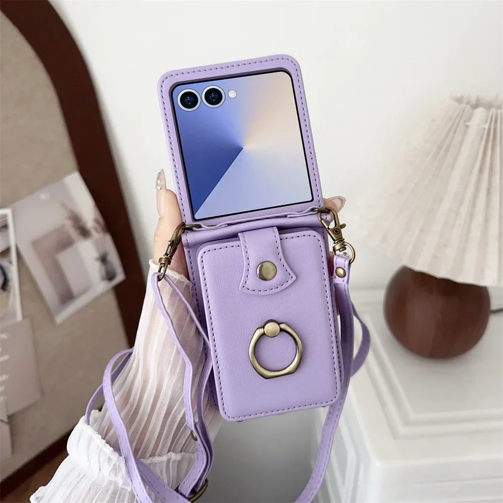 Ring Card Holder Leather Wallet Phone Case for Samsung Galaxy Z Flip 7 6 5 4 3 Flip7 FE Finger Crossbody Protective Cover
