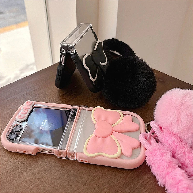 3D Bow Clear Case With Hairball Pendant For Samsung Galaxy Z Flip 3 4 5 6 7 5G ZFlip7 Protect Lovely 3-PIECE Set Cute Cover Gift