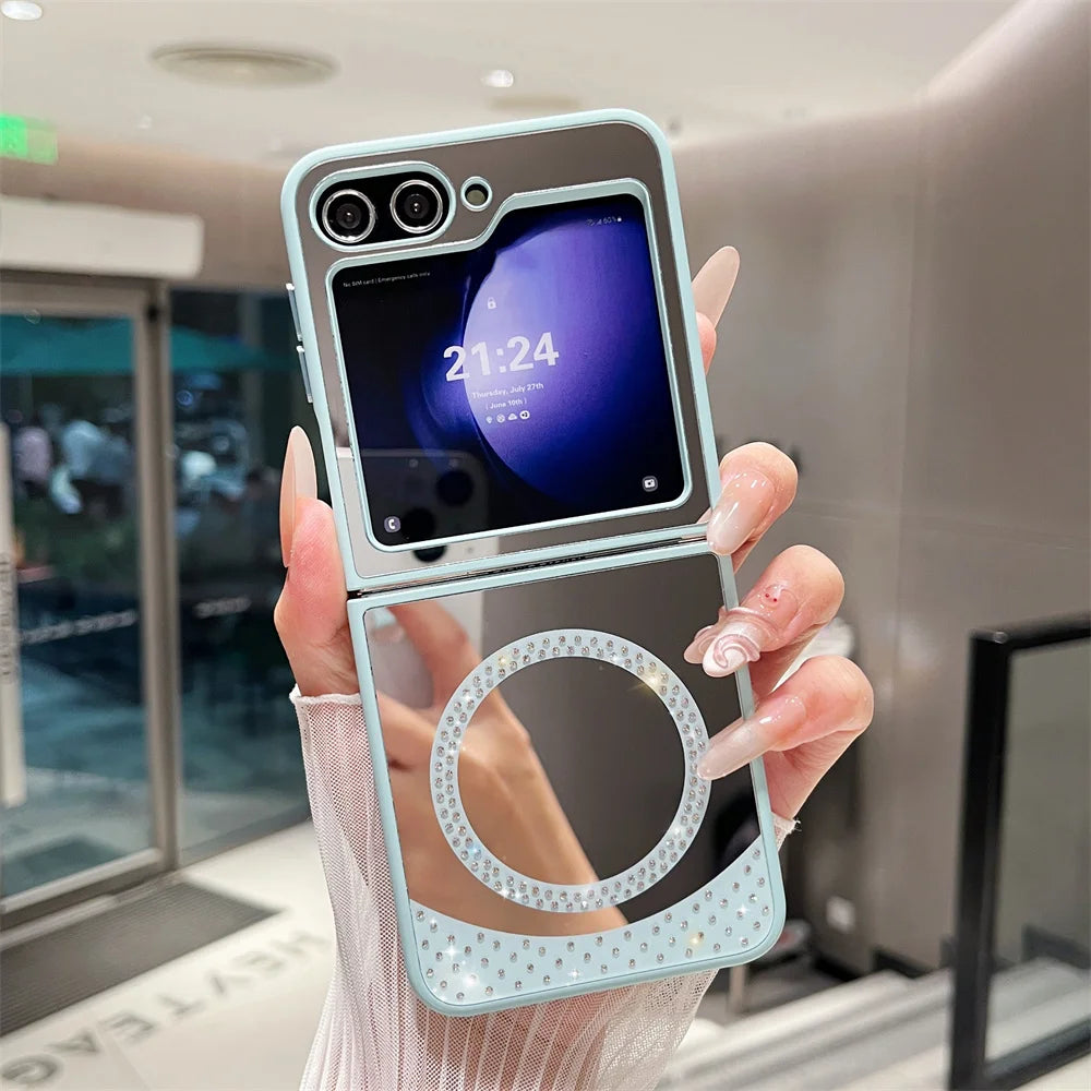 For Magsafe Glitter Diamond Magnetic Case For Samsung Z Flip 6 5 flip 4 3 flip6 zflip6 5G Wireless Charging Make Up Mirror Cover