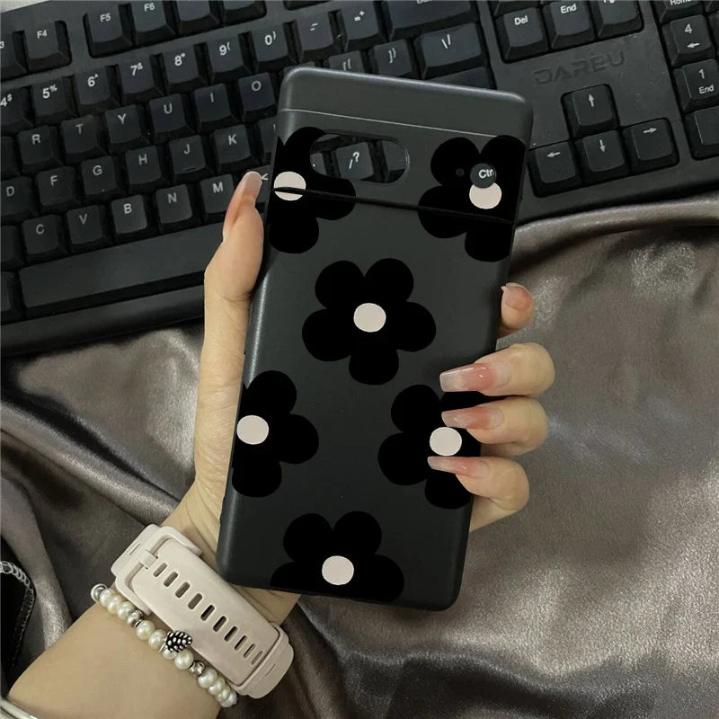 INS Cute Pink Daisy Flower Phone Case For Google Pixel 8 Pro 8A 9 Pro XL 10 7 6A 5G Fashion Floral Black Soft Silicone Cover Bag