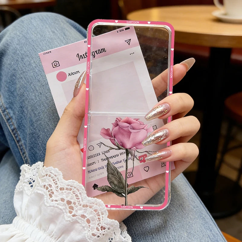 INS Korea Pink Peach Blossoms Phone Case For Samsung Z Flip 7 6 5 4 3 Z Flip7 Girls Flower Hard PC Back Cover Rose Pattern Shell