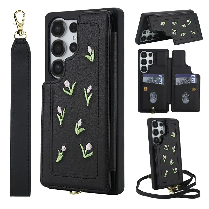 Lanyard Leather Wallet Phone Case For Samsung Galaxy S25 Edge Ultra S24 FE S23 Plus A56 A36 A16 A55 A35 A15 A54 A34 A14 Cover