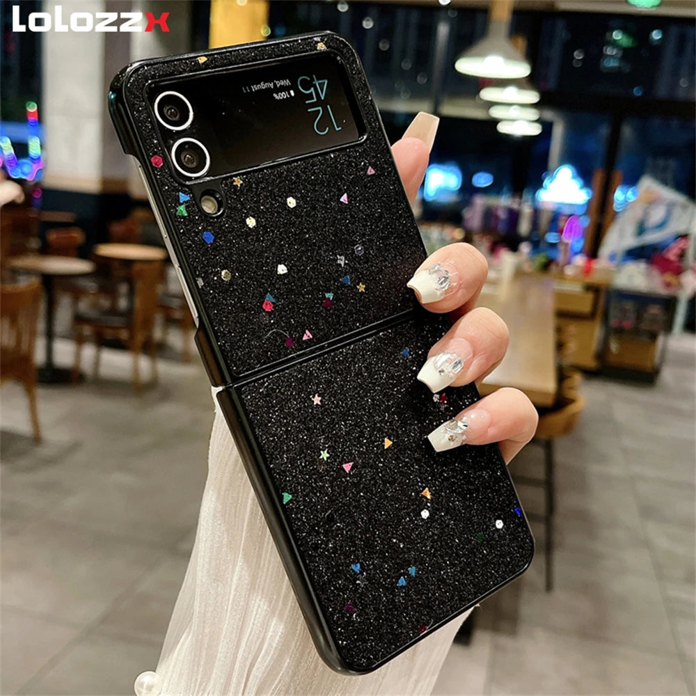 Luxury Glitter Solid Color Phone Case For Samsung Galaxy Z Flip 3 Z Flip 4 Z Flip 5 Lens Protection Shiny Shockproof Back Cover