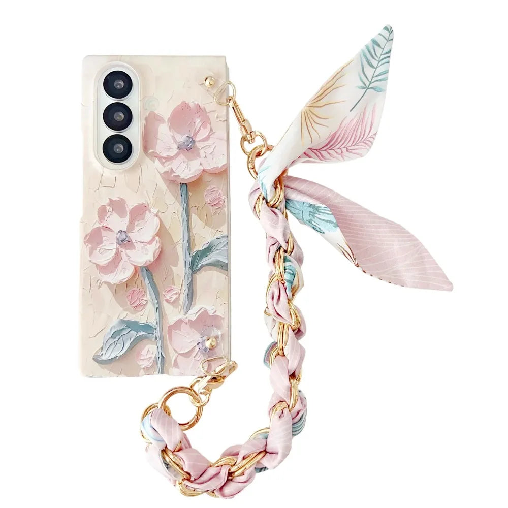 Classic Stylish Silk Wrist Strap Floating Flower Hard Phone Case for Samsung Galaxy Z Fold 7 5G 2025 Dopamine Protective Cover