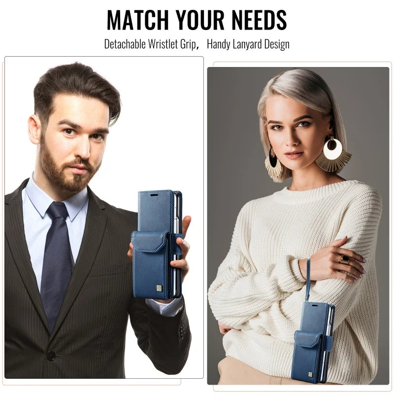 Wrist Strap Leather Wallet Phone Case for Samsung Galaxy Z Fold 8 Ultra 7 6 5 Fold8 Fold7 Fold6 Cards Holder Funda Cover Hoseje
