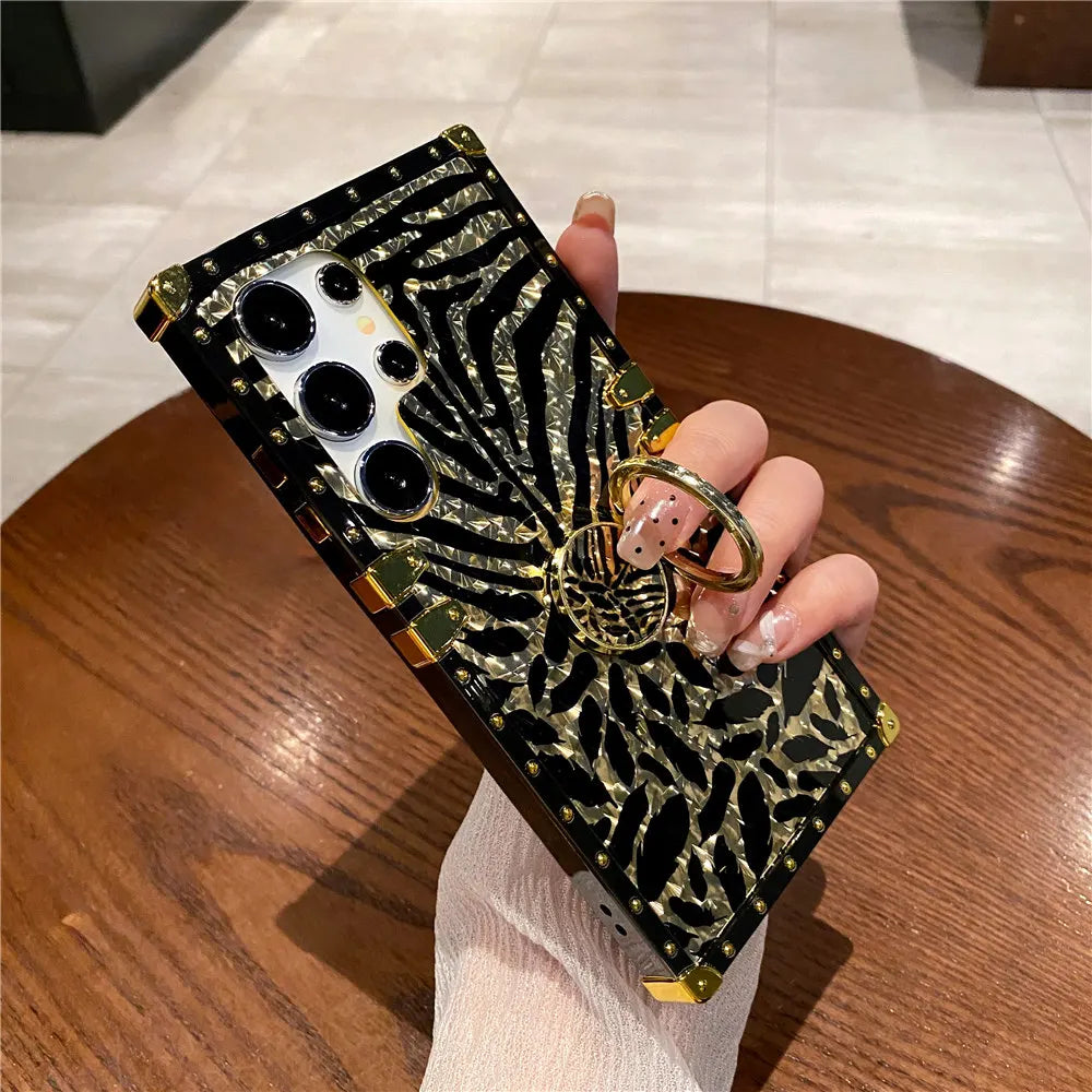 Feather Leopard Print Plating Flower Case For Samsung Galaxy S25 S23 S24 FE S22 S21 S20 A16 A26 A15 A25 A55 A54 Ring Cover