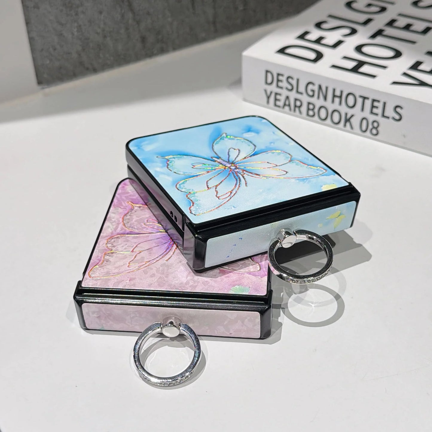 Hot Stamping Butterfly PU Leather Phone Case for Samsung Galaxy Z Flip 7 FE 6 5 4 3 Flip7 Ring Hinge Protective Cover