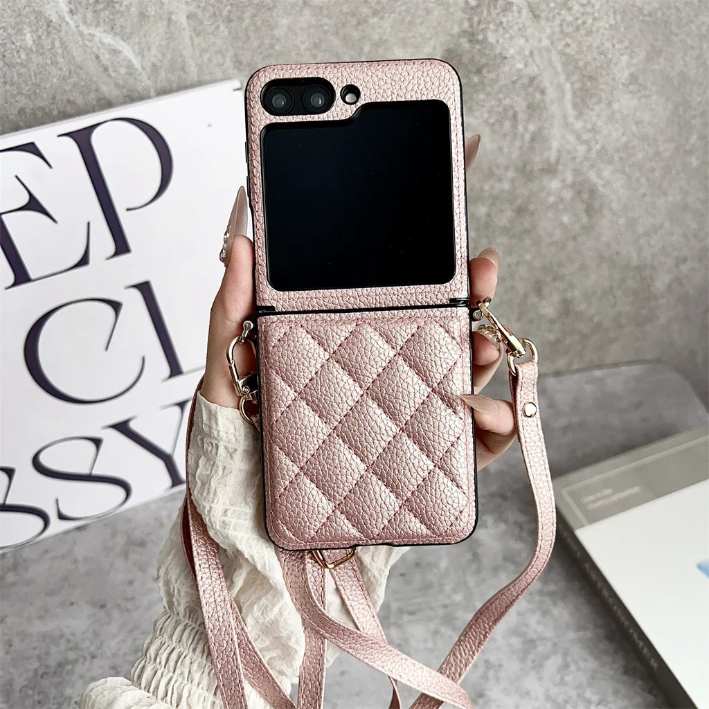 Luxury Crossbody Lanyard Rhombus Pattern PU Leather Phone Case For Samsung Galaxy Z Flip 8 7 FE 6 5 4 5G Hinge Protector Cover