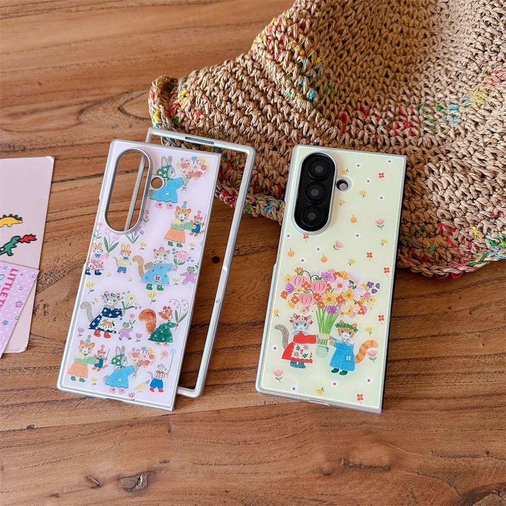 Korean Cute Flower Kitten Glass Phone Case for Samsung Galaxy Z Fold 7 6 Fold 6 Fold 7 Fold 6 7 Cover Fashion Shockproof Funda
