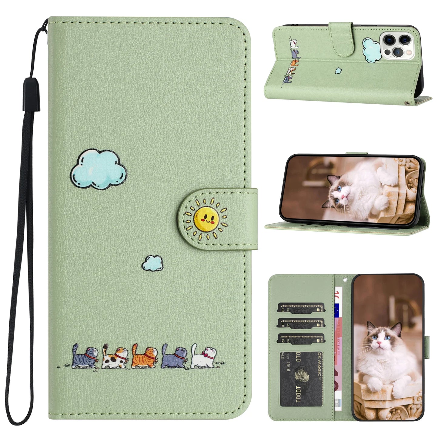 Leather Cat Phone Wallet Case Book Kickstand For Google Pixel 9 8 7 Pro 8A 7A 9A,Sony Xperia 1 10 V 5G Card Slot Cute Flip Cover