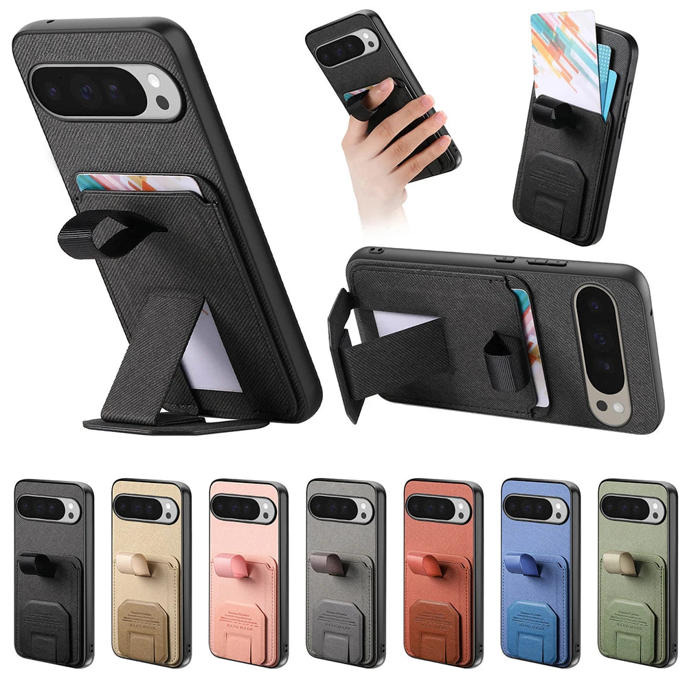 Business Retro Fabric Texture Phone Case for Google Pixel 11 Pro XL 9 10 Pro Foldable Card Slot Kickstand Ring Shockproof Cover