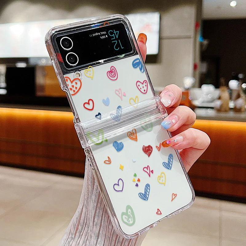 For Samsung Galaxy Z Flip7 FE Flip6 Case Love Pattern Shockproof Clear Folding Phone Case For Samsung Galaxy Z Flip 7 6 5 4 3 5G