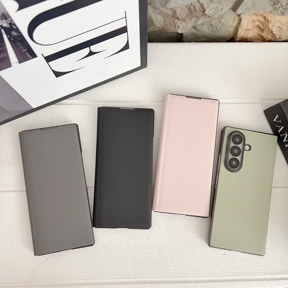 Luxury Business PU Leather Phone Case For Samsung Galaxy Z Fold7 Fold6 Fold5 Solid Color Shockproof Protection Shell