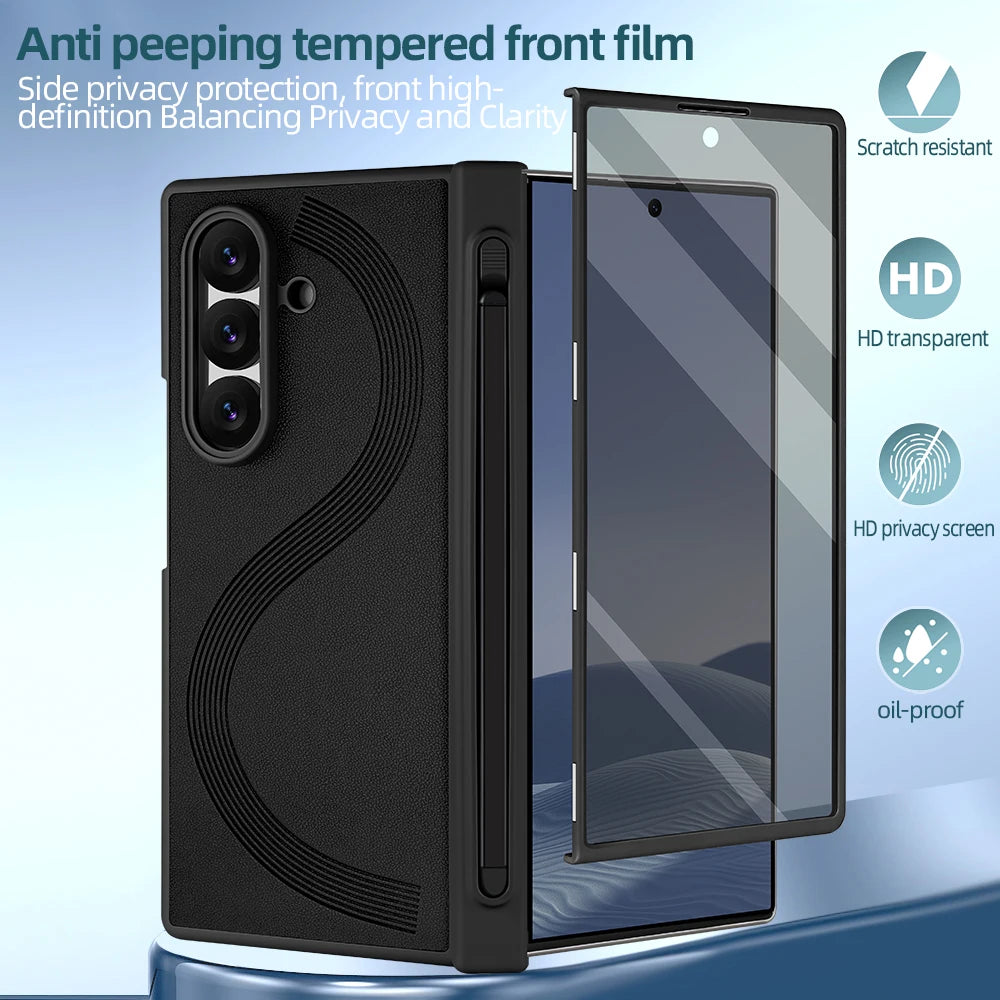 PU Leather Glass Film Pen Slot with Pen Phone Case for Samsung Galaxy Z Fold 7 6 Fold6 Fold7 Hinge Protection Cover