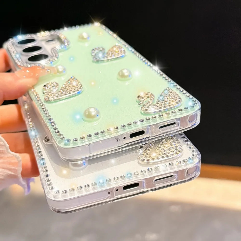 Luxury Diamond Swan Cover For Samsung Galaxy S26 Ultra S26 Plus Laser Heart Case For Samsung S23 S24 Ultra S25 Plus Pearl Case