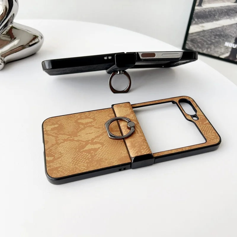 Luxury Lizard Texture Leather Foldable Phone Case For Samsung Galaxy Z Flip 3 4 5 6 Ring Holder Shockproof Proteciton Back Cover
