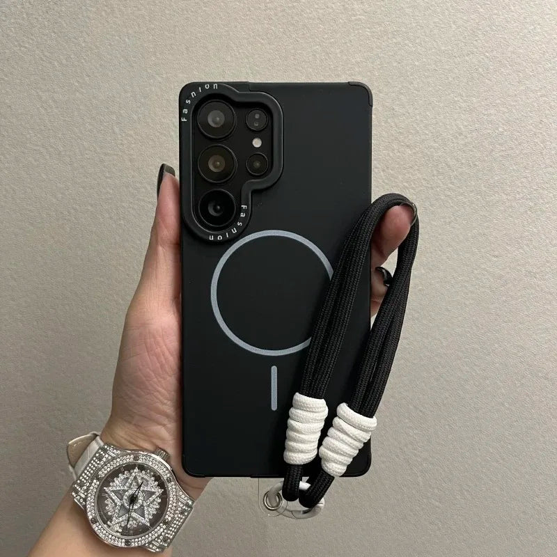 Pure Colour Fine Ring Magnetic Suction Liquid Lanyard Case for Samsung S22 S23 S24 S25 Ultra S25 Plus S25 Frame Printing Cover