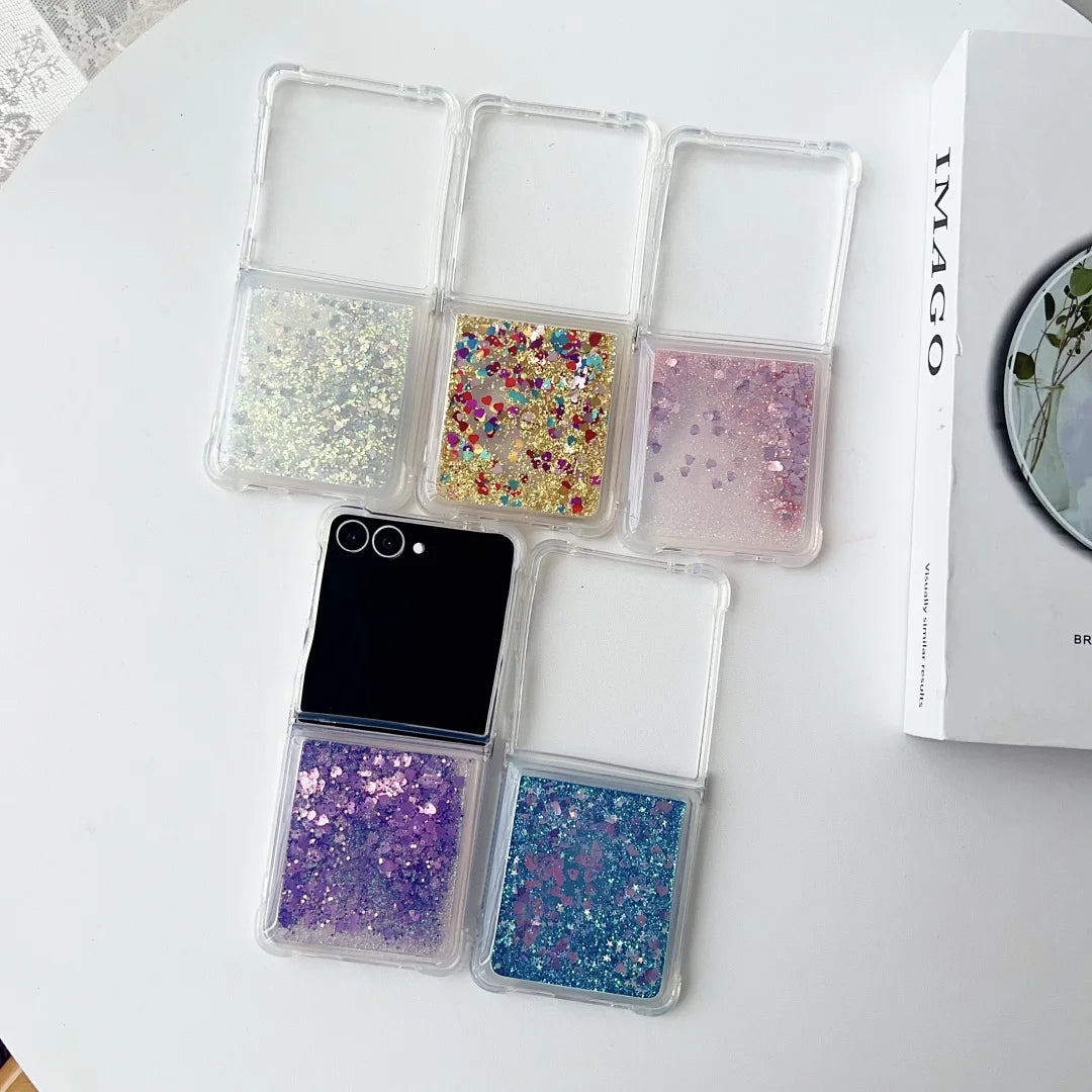 Glitter Quicksand Love Heart Case for Samsung Galaxy Z Flip 6 5 4 3 7 flip6 ZFlip 5 Colorful Bling Shockproof fold back Cover