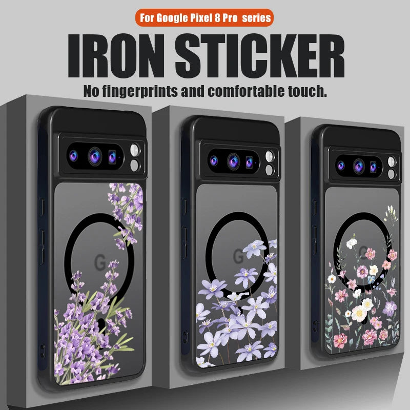 Matte Magnetic Case For Google Pixel 10 9 8 Pro 8A 9A Pixel 9 10 Pro XL For Magsafe Wireless Charging Purple Flowers Phone Cover