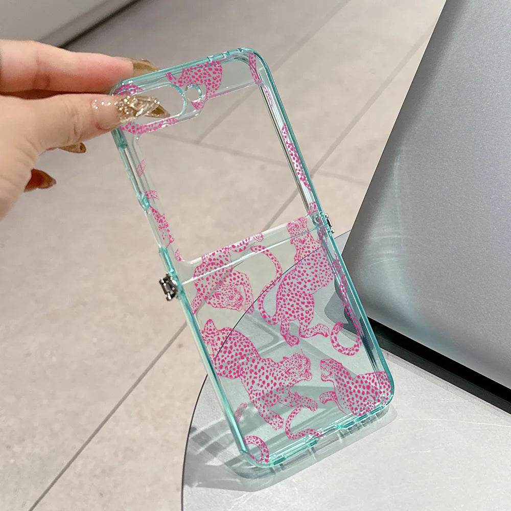 Fashion Pink Leopard Phone Case for Motorola Moto Razr 40 50 60 Ultra 5G Semi-transparent Foldable Soft TPU Cover