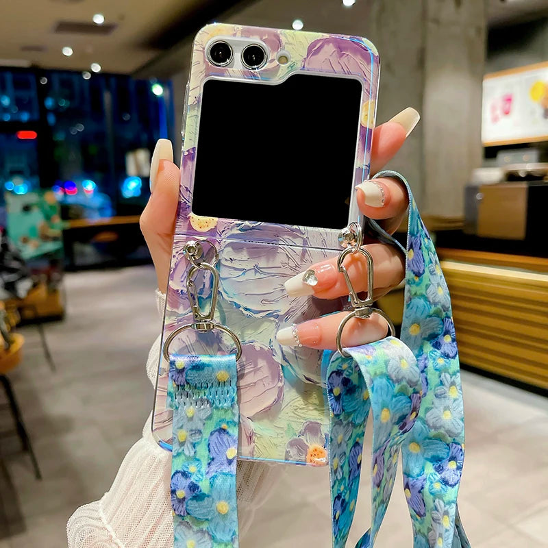 Blu Ray Laser Camera Long Rope Case With Lanyard Necklace Strap Case For Samsung Galaxy Z Flip 5 5G Z Flip6 Hard PC Phone Cover