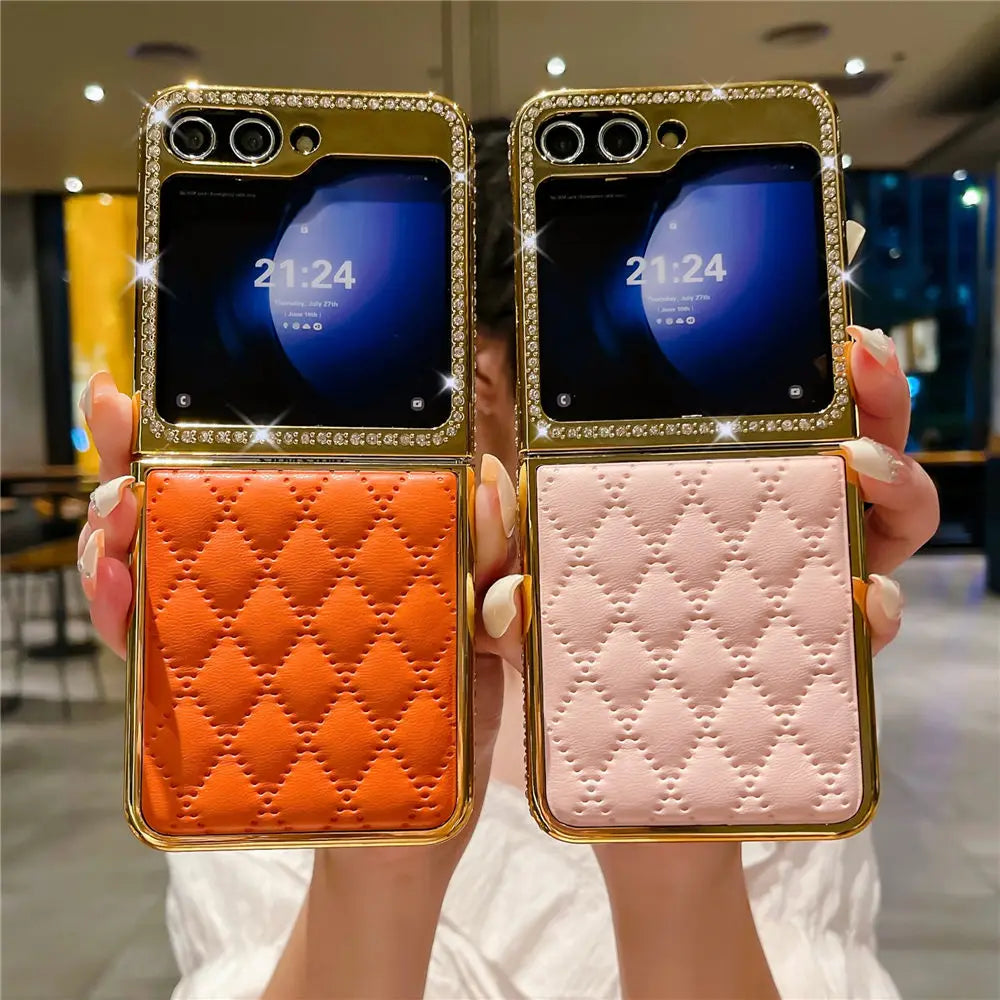 Luxury Bling Diamond Leather Plating Case For Samsung Galaxy Z Flip 6 Flip 5 Flip 3 4 Shockproof Cover Funda