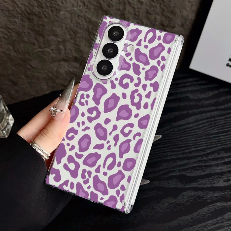 Magnetic Adsorption Phone Case For Samsung Galaxy Z Fold 7 6 5 Fold7 Fold6 Fold5 5G Leopard Print Pattern Clear Shockproof Cover