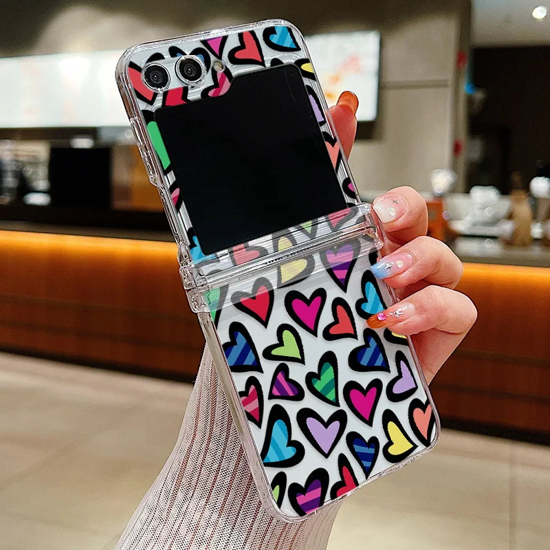 Love Heart Print Transparent Phone Case For Samsung Galaxy Z Flip7 FE Flip6 Folding Hard Cover For Samsung Z Flip 7 6 5 4 3 5G