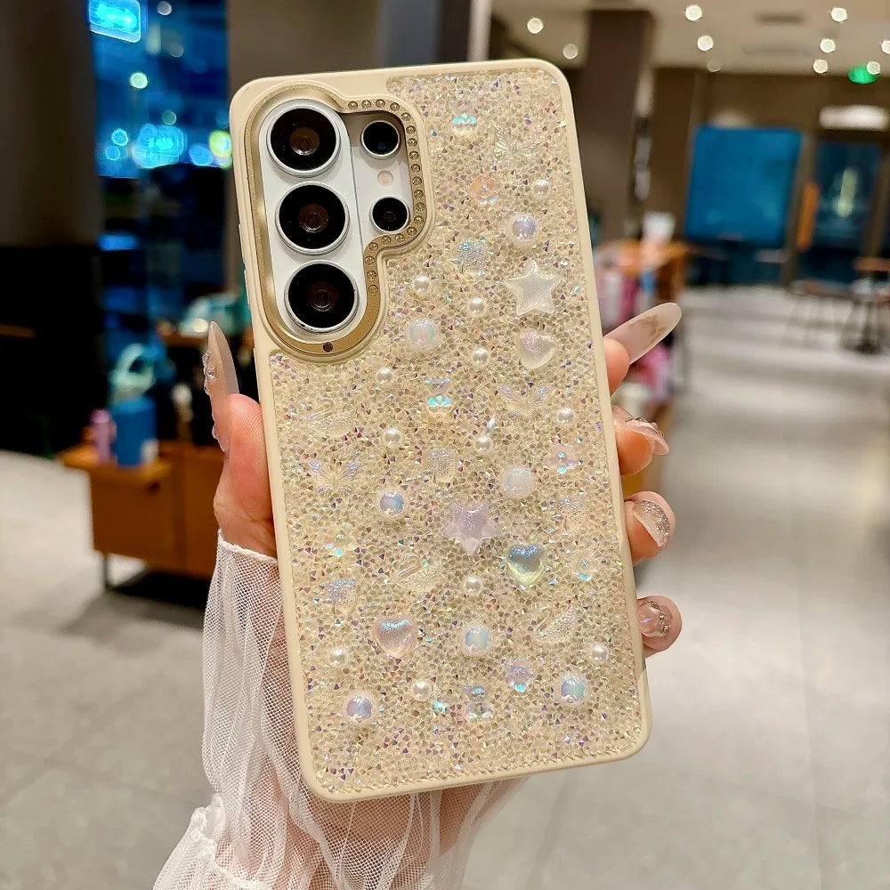 Luxury 3D Pearl Star Glitter Phone Case For Samsung Galaxy S26Ultra S25Ultra Korean Girl Shockproof Protection Back Cover