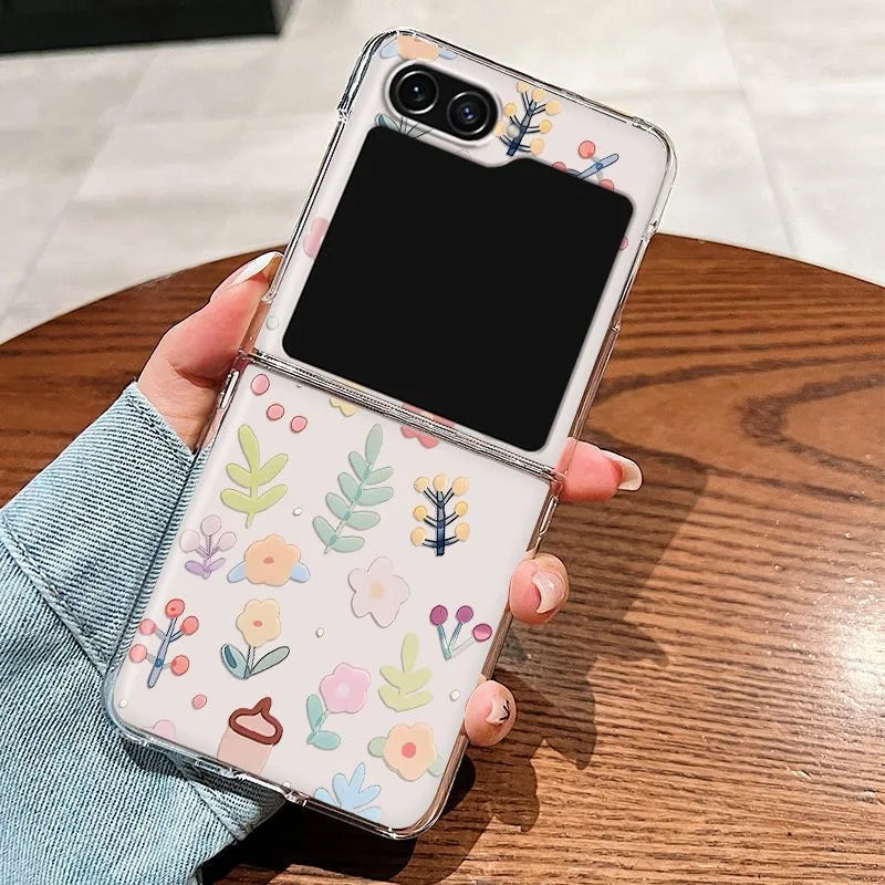 Ins Flower Transparent Phone Case For Samsung Galaxy Z Flip 6 7 ZFlip 5 Hard Clear Folding Cover for Samsung ZFlip 7FE 4 3 Shell