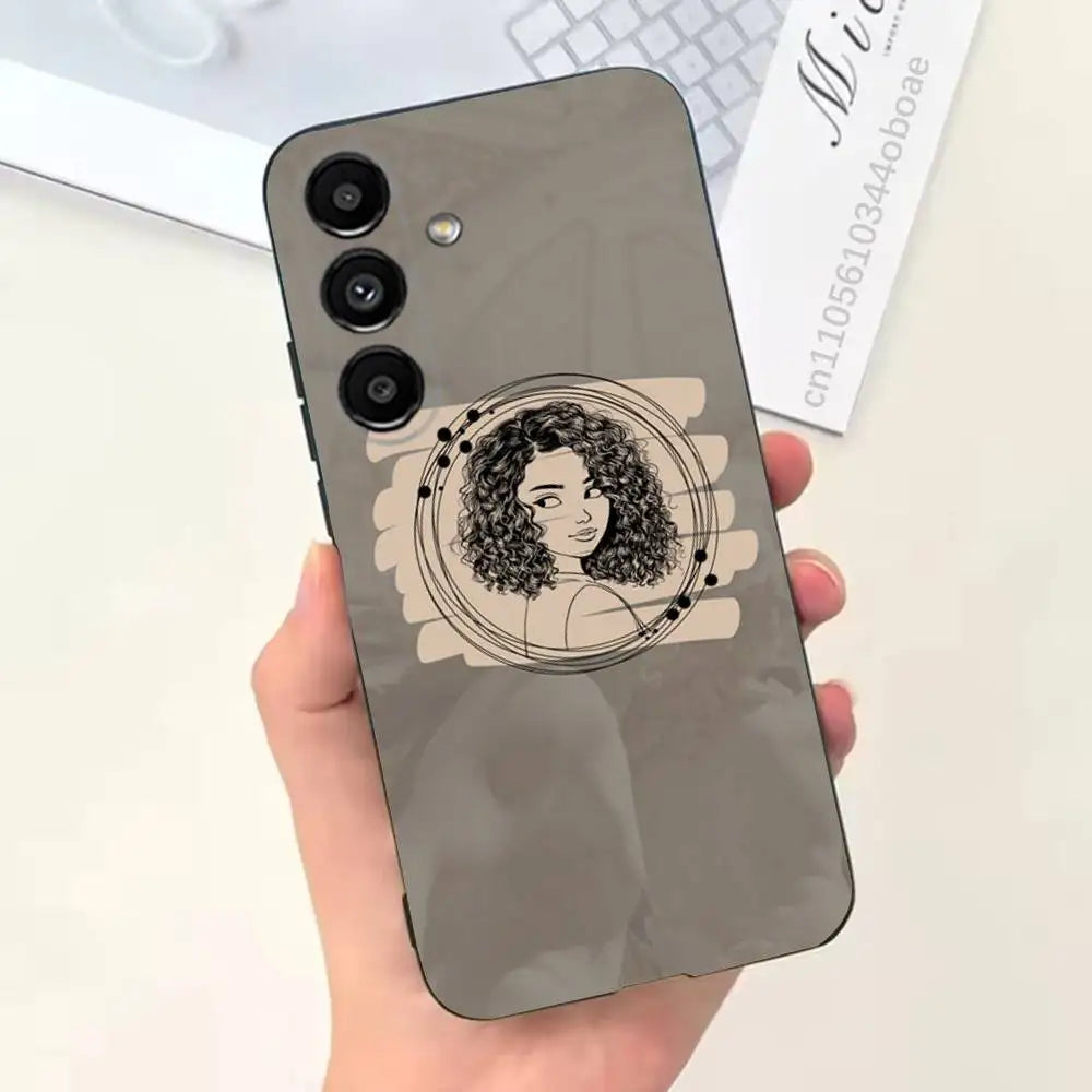 Afro Black Girls Cartoon Phone Case For Samsung S25,24,21,22,23,20,S30,Ultra,Plus,Fe,Lite,Note,5G Black Cover