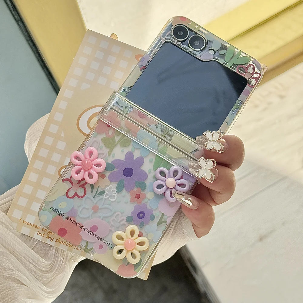 Hinge Protection 2in1 Lovely 3D Rotate Flower Phone Case For Samsung Galaxy Z Flip 7 6 5 4 3 7 FE Wrist Chain Shockproof Cover