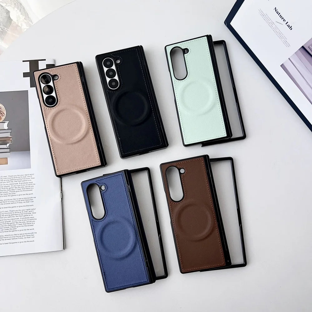 For Samsung Z Fold 7 Leather for Magsafe Wireless Charge Case For Samsung Galaxy Z Fold 7 6 5 4 3 Hinge Protect Armor 2in1 Cover