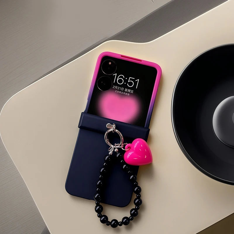 Black Rose Gradient Chain Hinge Case For Samsung Galaxy Z Flip 3 4 5 6 7 For Motorola Razr 50 60 Ultra Xiaomi Mix Flip 2 Cover