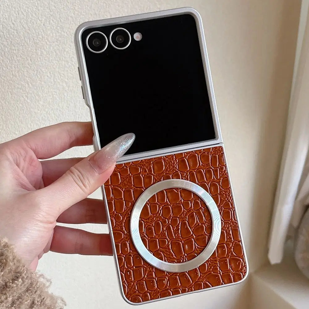 Plating Crocodile Texture For Magsafe Phone Case For Samsung Galaxy Z Flip7 Flip6 5 4 Flip7FE Wireless Charging Shockproof Cover