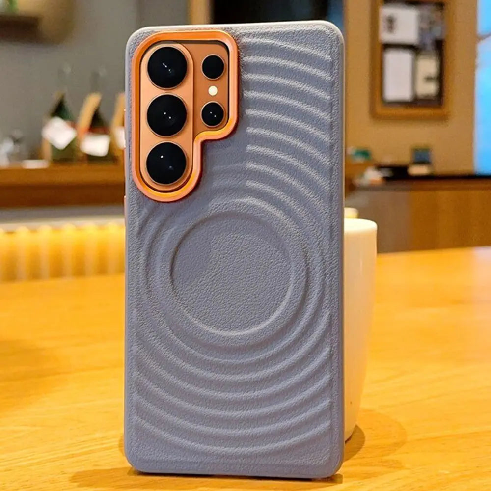 Luxury Water Ripple Leather Pattern for Magnetic Case for Samsung Galaxy S26 Ultra S25 Edge S24 Ultra Orange Lens Frame Cover