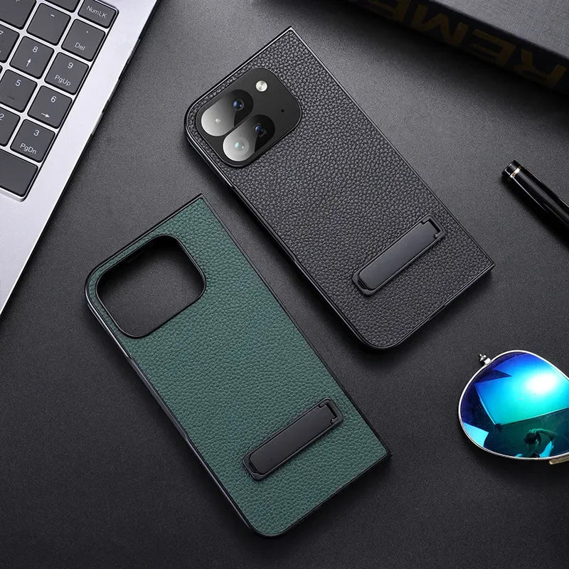 For Google Pixel 9 Pro Folding Case ELVEV Luxury PU Leather + TPU Camera Protection Cover with Metal Kickstand