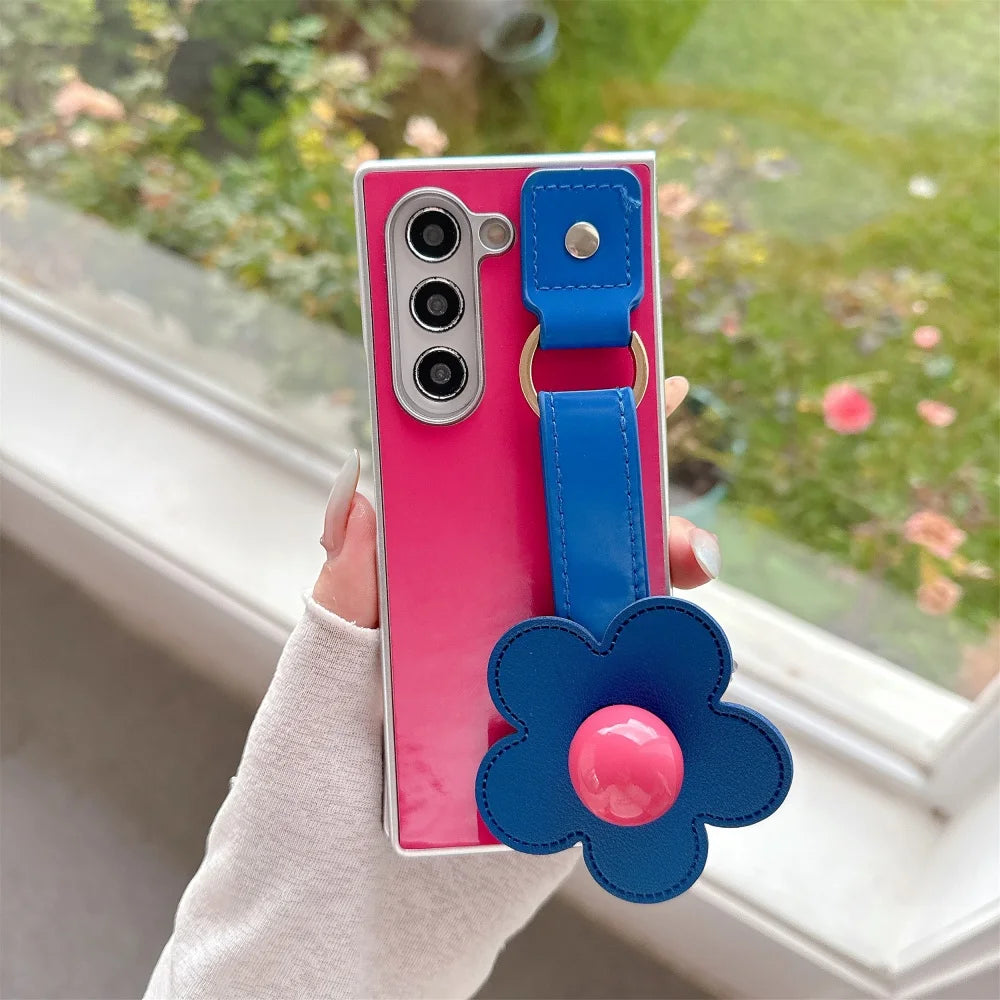 For Samsung Galaxy Z Fold7 Fold 7 6 5 4 3 Zfold6 3D Flowers Leather Wristband Phone Case Plating Silver Frame Shockproof Cover