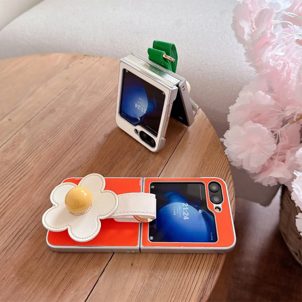 3D Flowers Leather Wrist Strap Phone Case For Samsung Galaxy Z Flip 7 6 5 4 3 Flip6 Z Flip7 Plating Silver Frame Ice Silk Cover